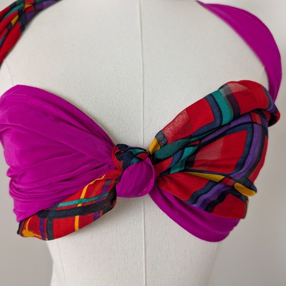 90s Plaid Scarf Abstract Rectangular Sheer Primary Colours Grid Tartan - Picture 4 of 8